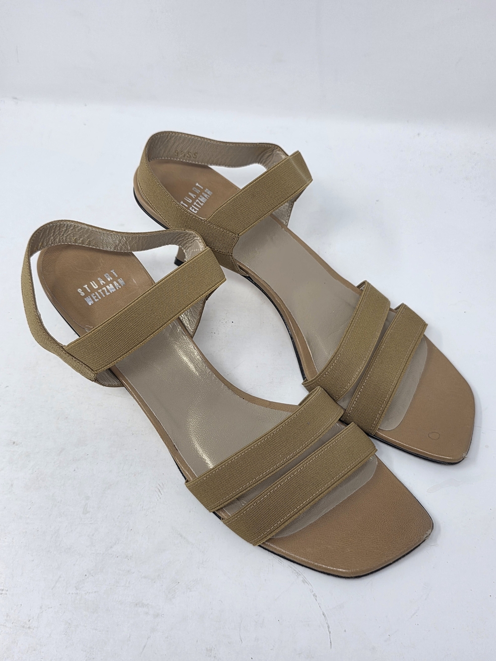 Stuart Weitzman 9.5 Tan Beige Elastic Strap Low Kitten Heel Sandals Square Toe